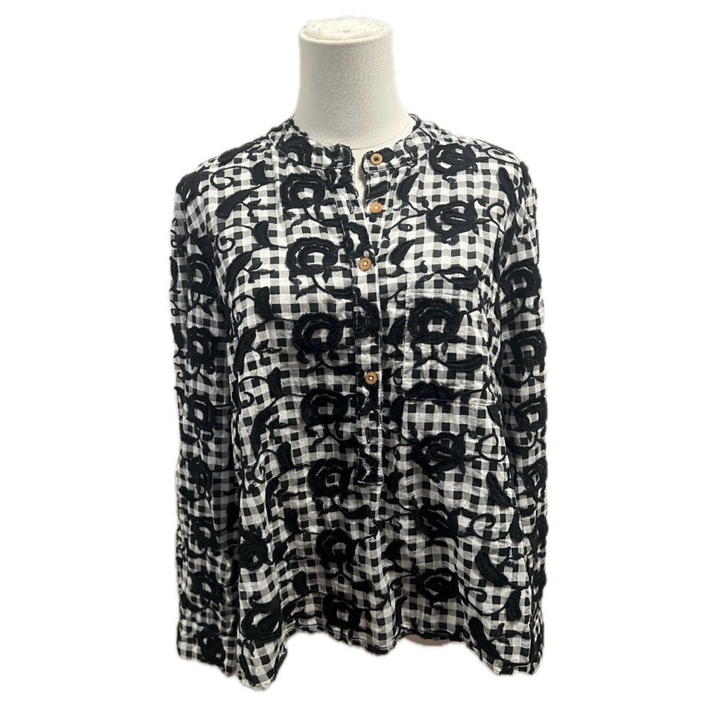 pilcro black white floral embroidered long sleeve blouse button up anthropologie